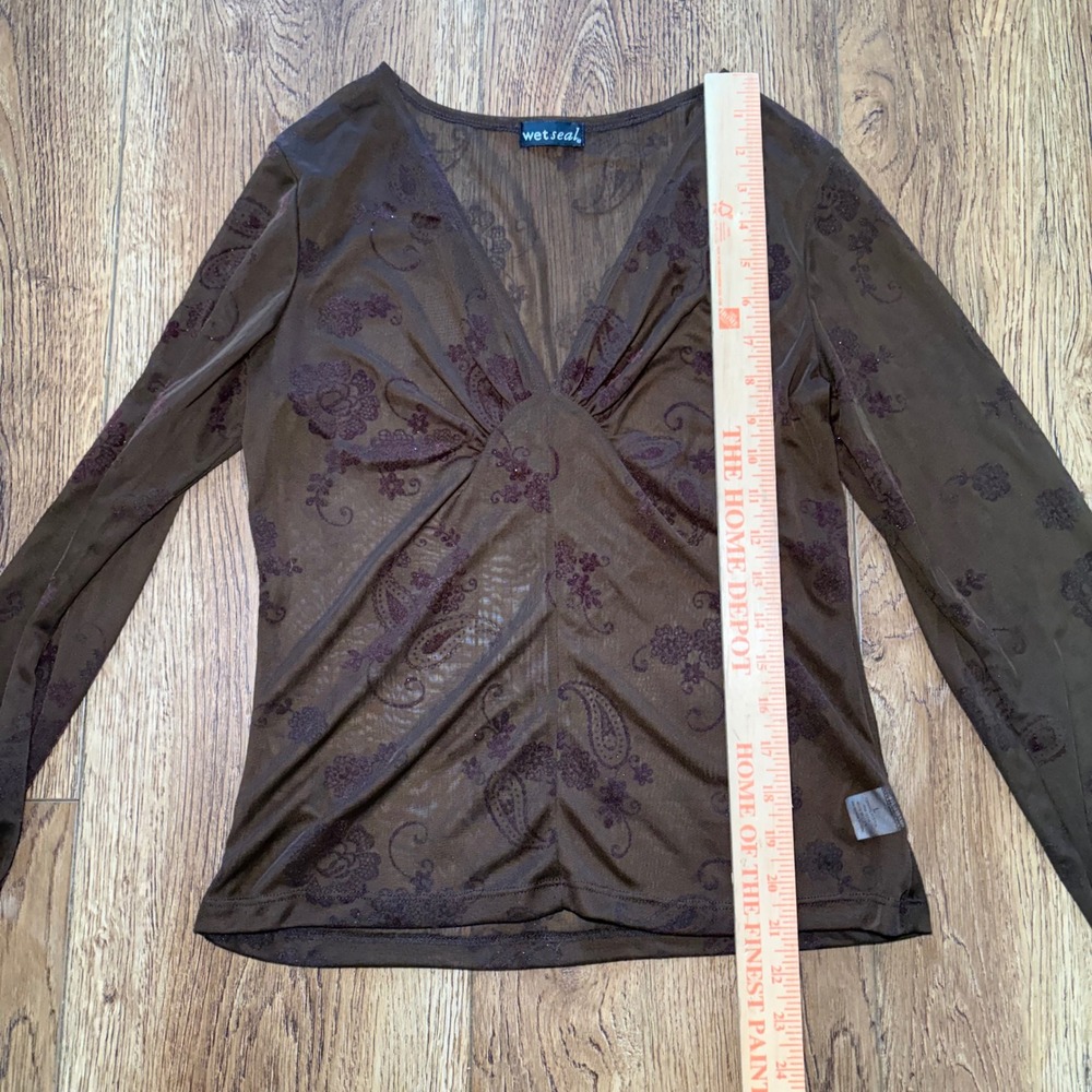 Y2K Wet Seal Brown Sheer Mesh Paisley Floral Tie Cuff Top L Fairy Ethereal - Picture 10 of 10